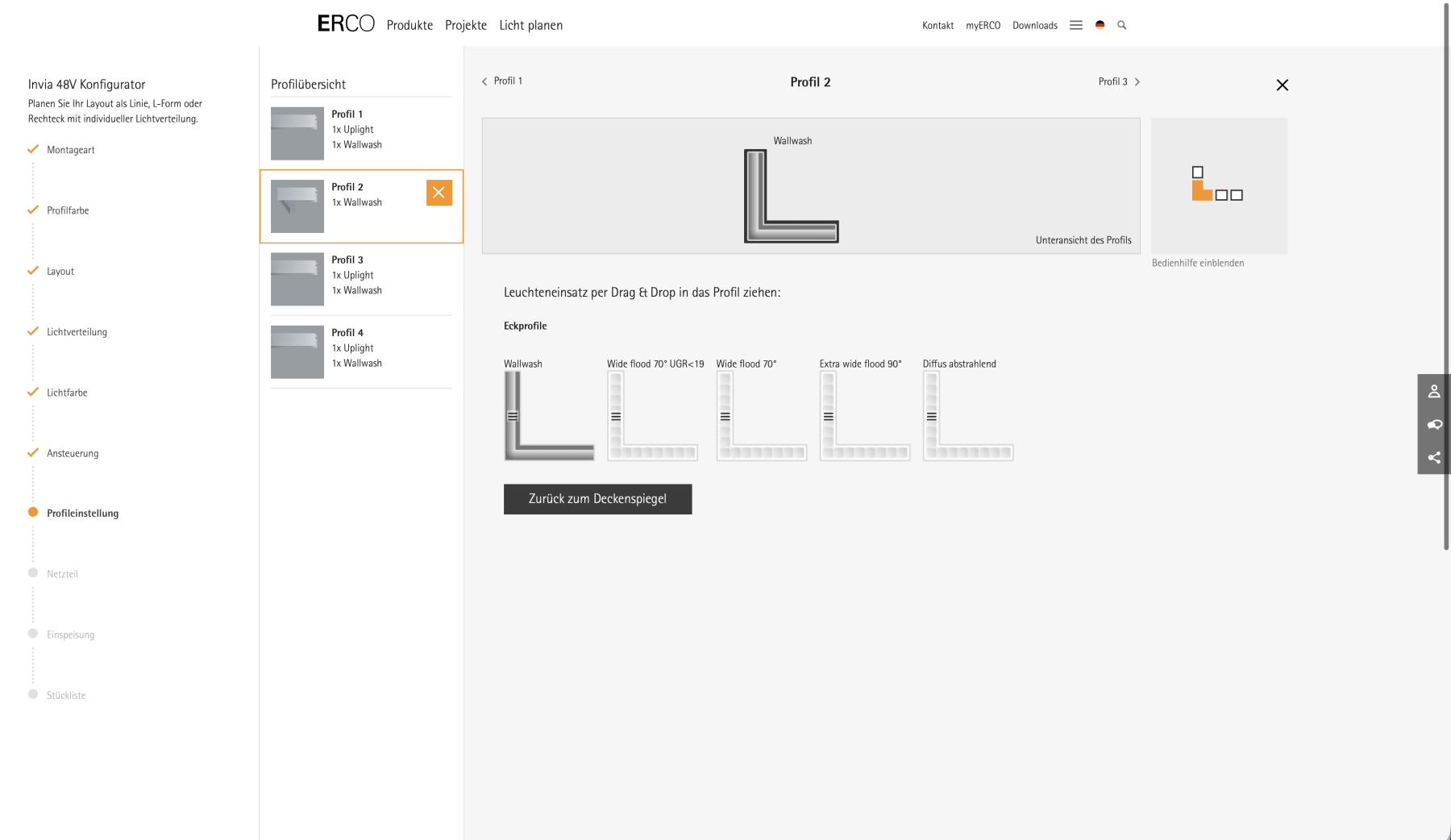 In der Detailansicht des Invia Konfigurators wird jedes Profil einzeln bearbeitet. Leuchtenmodule können positionsgenau ausgewählt, visuell geprüft und innerhalb der Systemlogik korrekt zugeordnet werden.