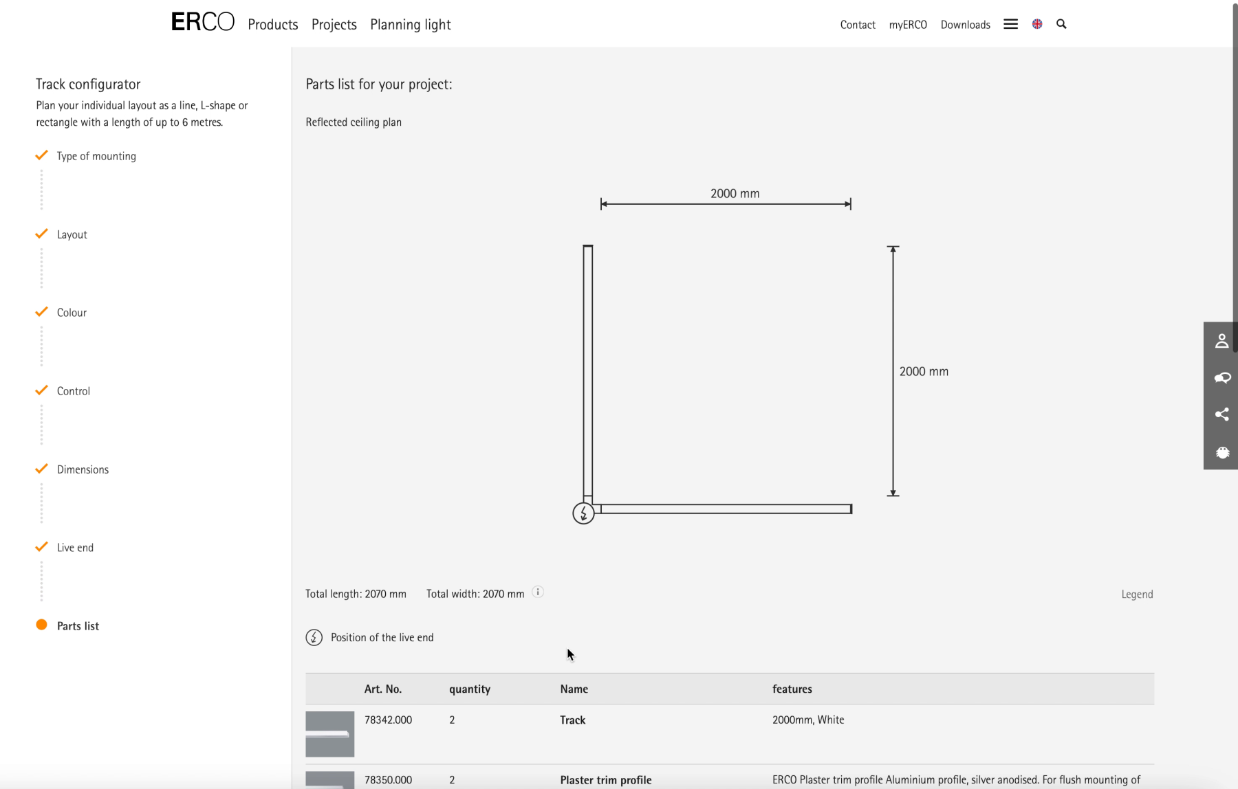 Visualisierte Stromschienen-Konfiguration mit exakten Abmessungen, Einspeiseposition und automatisch generierter Stückliste inklusive aller benötigten Komponenten.